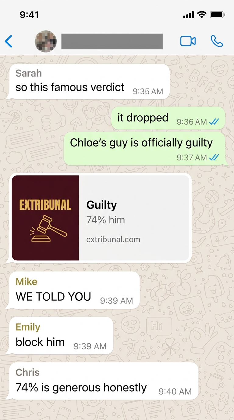 Verdict Extribunal partagé dans une conversation